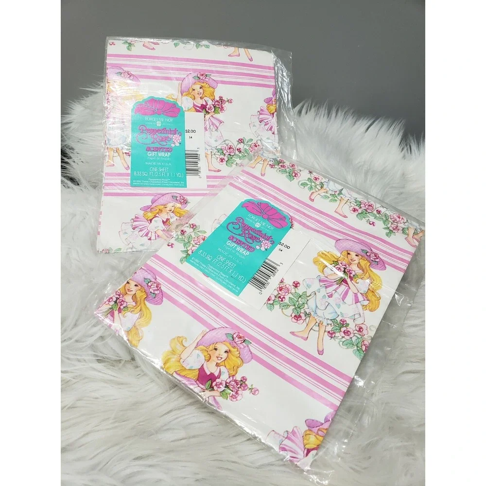 2 Vintage Peppermint Rose Dolls Gift Wrap Paper New Old Stock RETRO girly Easter